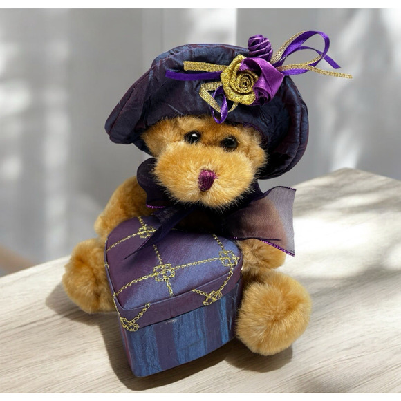 Dan Dee Brown Sitting Teddy Bear Plush Purple Hat Holding Heart Shaped Gift Box - Picture 1 of 13